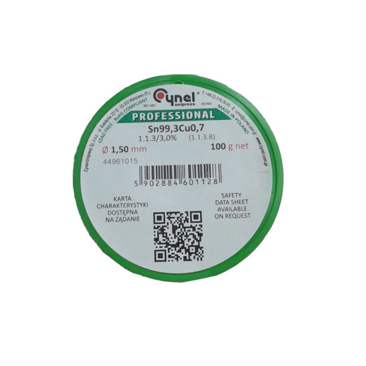 Дротяний припій, 1.5mm, 100g, з флюсом, безсвинцевий, CYNEL Sn99Cu07-1.1.3/3.0% Ø1.5, 100g