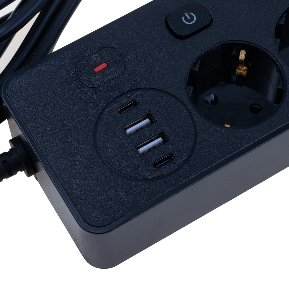 Мережевий фільтр 10A max.,подовжувач 2м на 5 розеток із USB чорний, BKL-505 Black-Length 2M  EU