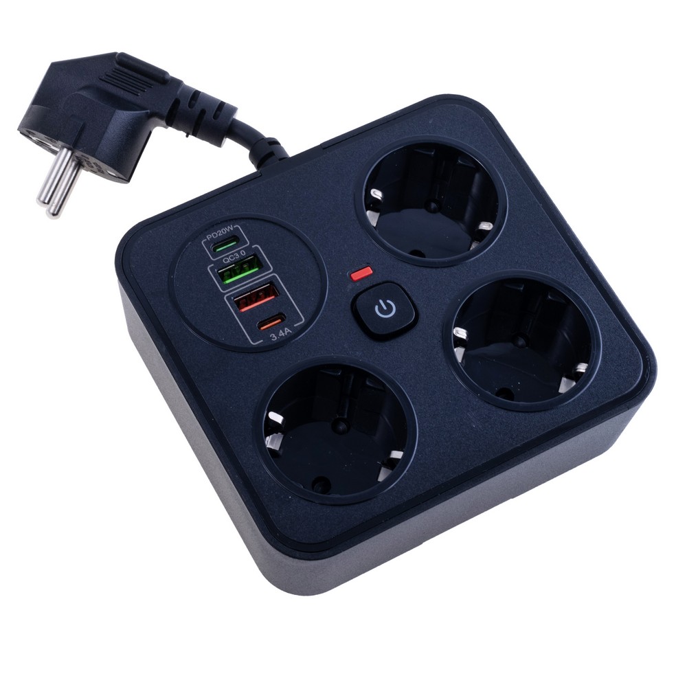 Мережевий фільтр 13A max.,подовжувач на 3 розетки із USB PD20W+QC3.0