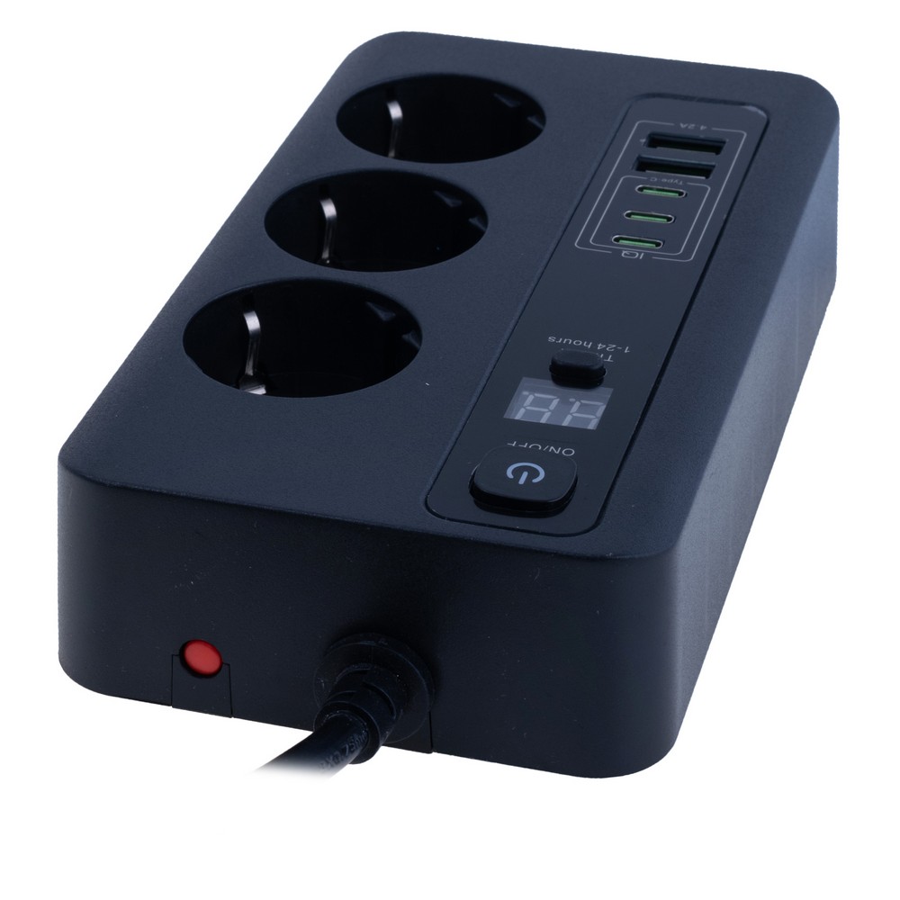 Мережевий фільтр 10A max.,подовжувач 2м на 3 розетки із USB, BKL-04 3C2A Black -Length 2M