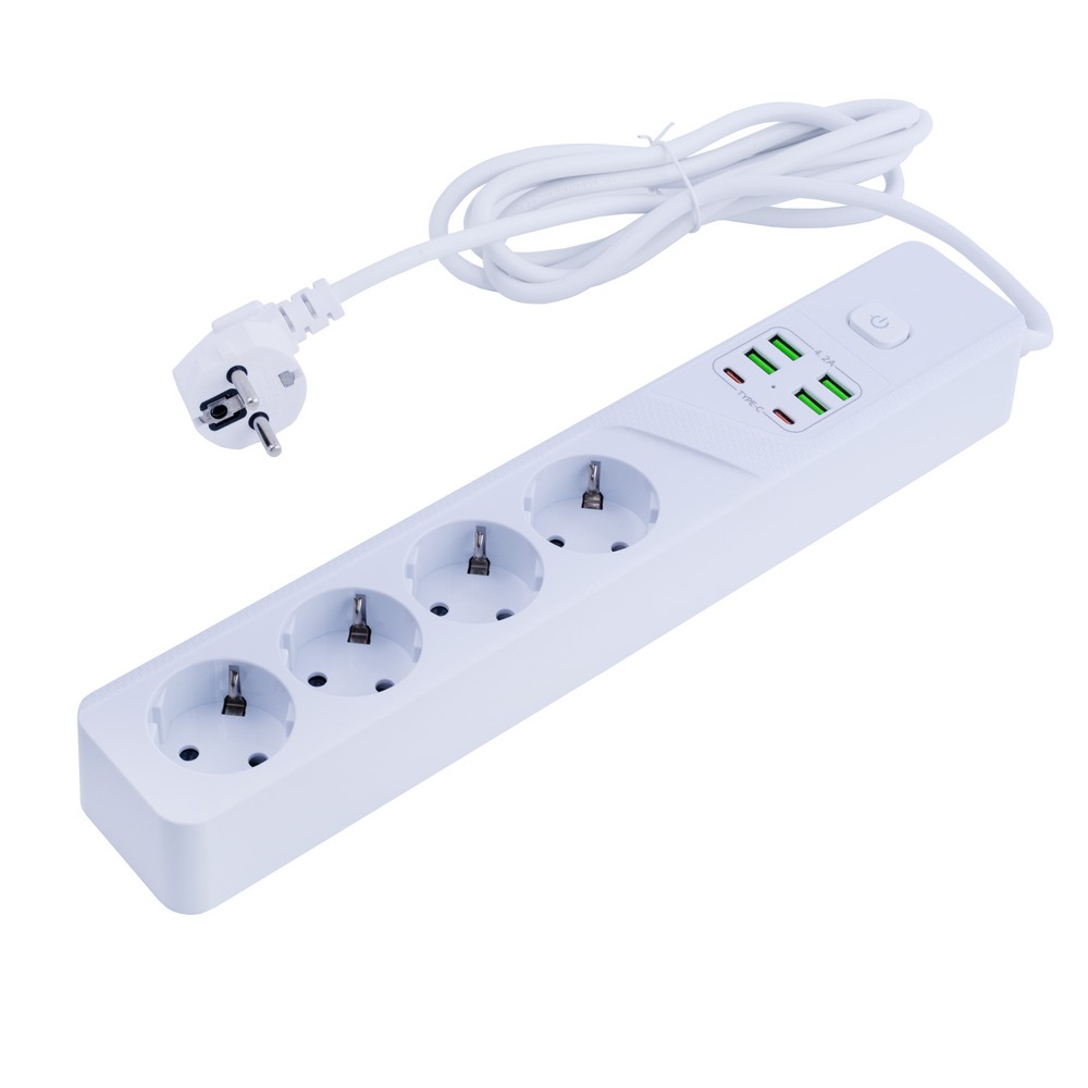 Мережевий фільтр 10A max.,подовжувач 2м на 4 розетки із USB білий