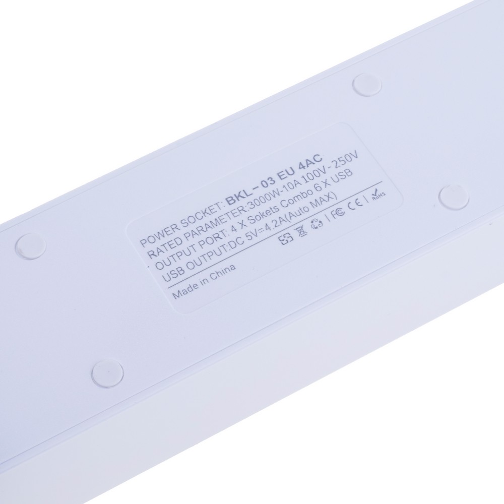 Мережевий фільтр 10A max.,подовжувач 2м на 4 розетки із USB білий
