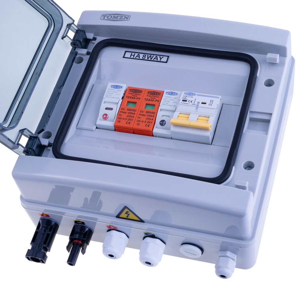 Solar photovoltaic PV Combiner Box With Lightning Protection 1 input 1 out DC 600V Fuse MCB SPD Waterproof Box IP65 8ways 1 input 1 out DC 600V 16A DC MCB(TOMZN) Solar photovoltaic PV Combiner Box With Lightning Protection 1 input 1 out DC 600V Fuse MCB SPD Waterproof Box IP65 8ways 1 input 1 out DC 600V 16A DC MCB(TOMZN)