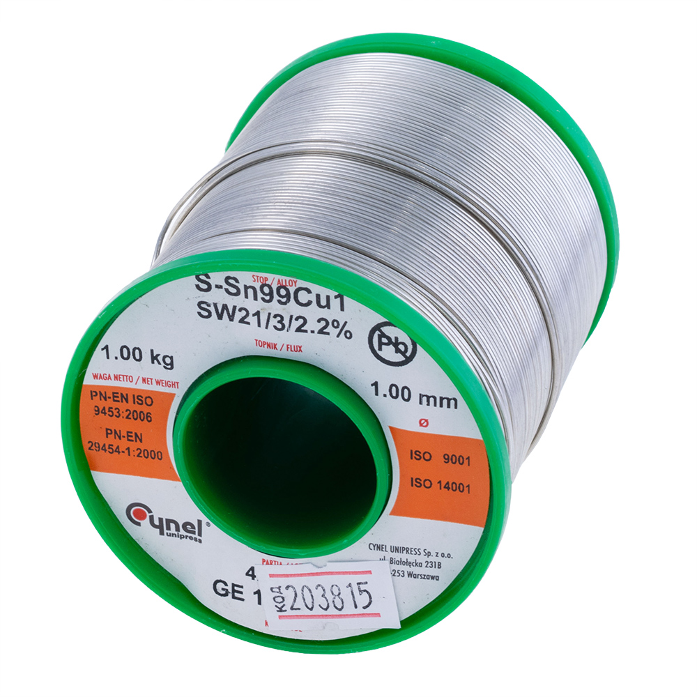 ротяний припій, 1mm, 1000g, з флюсом, безсвинцевий, CYNEL Sn99Cu1 SW21/3/2,2%  Ø1.0, 1kg