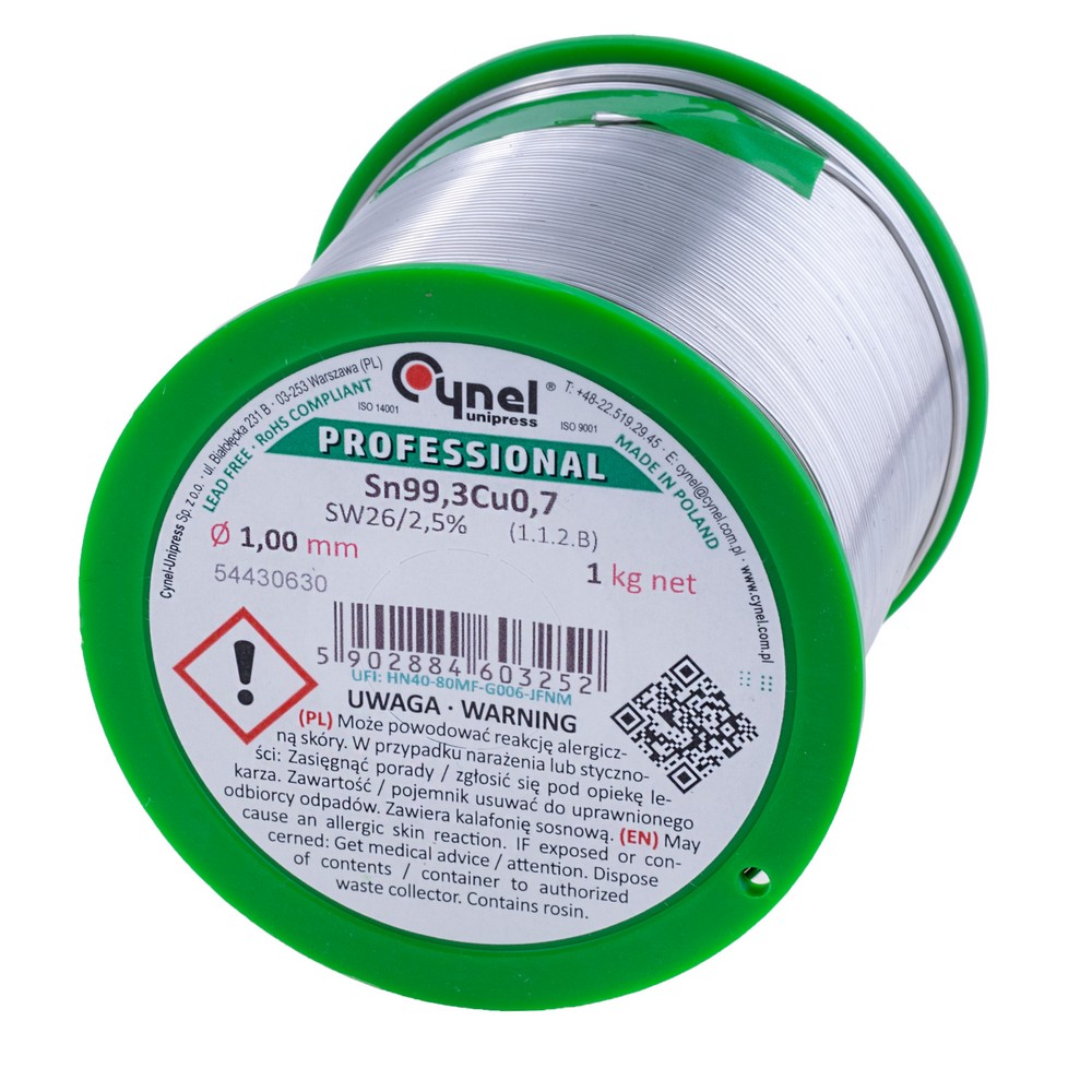 Дротяний припій, 1mm, 1000g, з флюсом, безсвинцевий, CYNEL Sn99,3Cu0,7 SW26/2,5% Ø1.0, 1kg