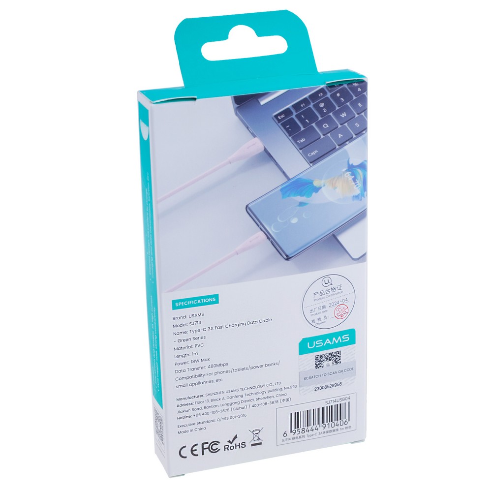 SJ714 Type-C 3A Fast Charging Data Cable - Green Series 1m (SJ714USB04 Pink – USAMS)