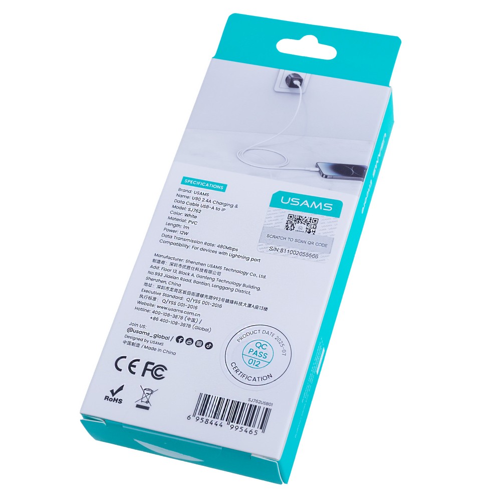 SJ762 U90 Lightning 2.4A Charging & Data Cable (SJ762USB01 White – USAMS)