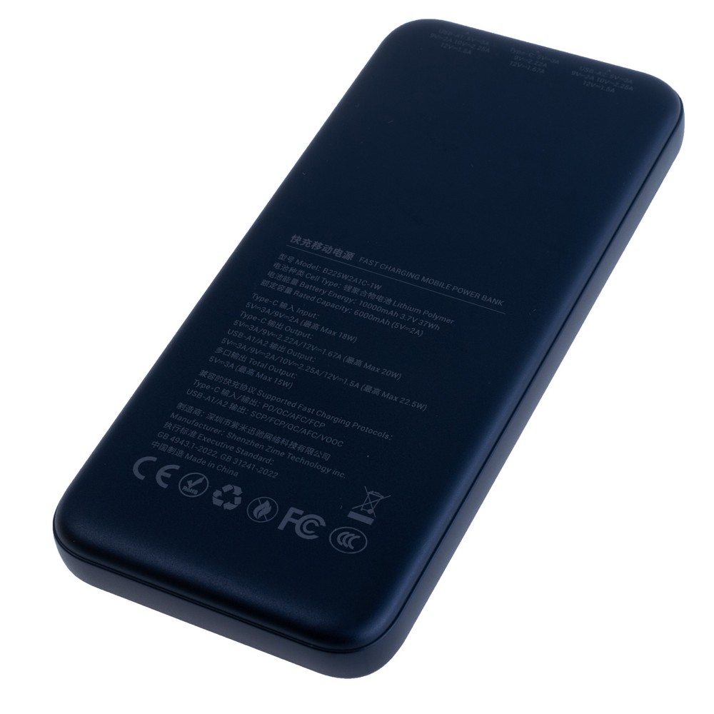 Power Bank 10000mAh 37Wh (6000mAh @ 5V/2A) 22.5W max Black (B225W2A1C-1W – zime)