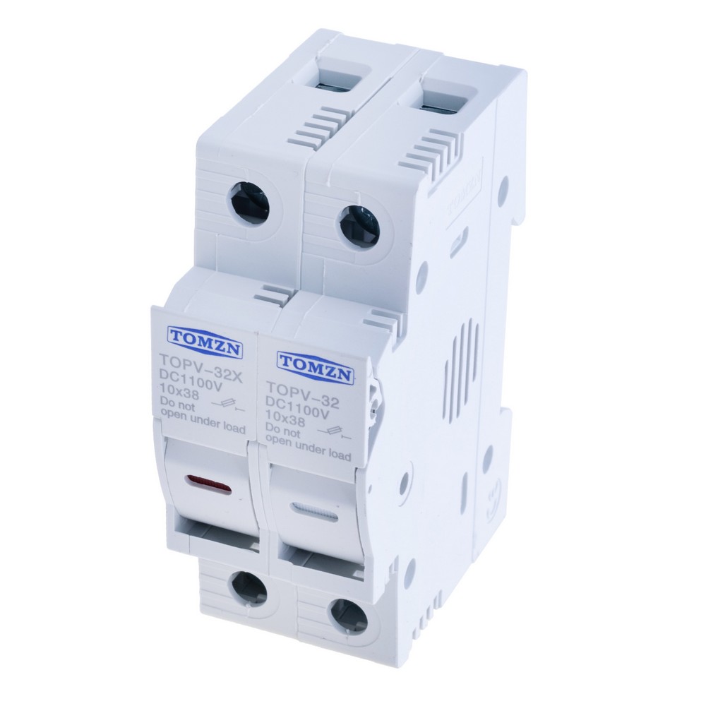 Тримач запобіжників 2P PV max32A DC 1000V 10x38mm з LED на DIN-рейку (TOMZN) Тримач запобіжників 2P PV max32A DC 1000V 10x38mm з LED на DIN-рейку (TOMZN)