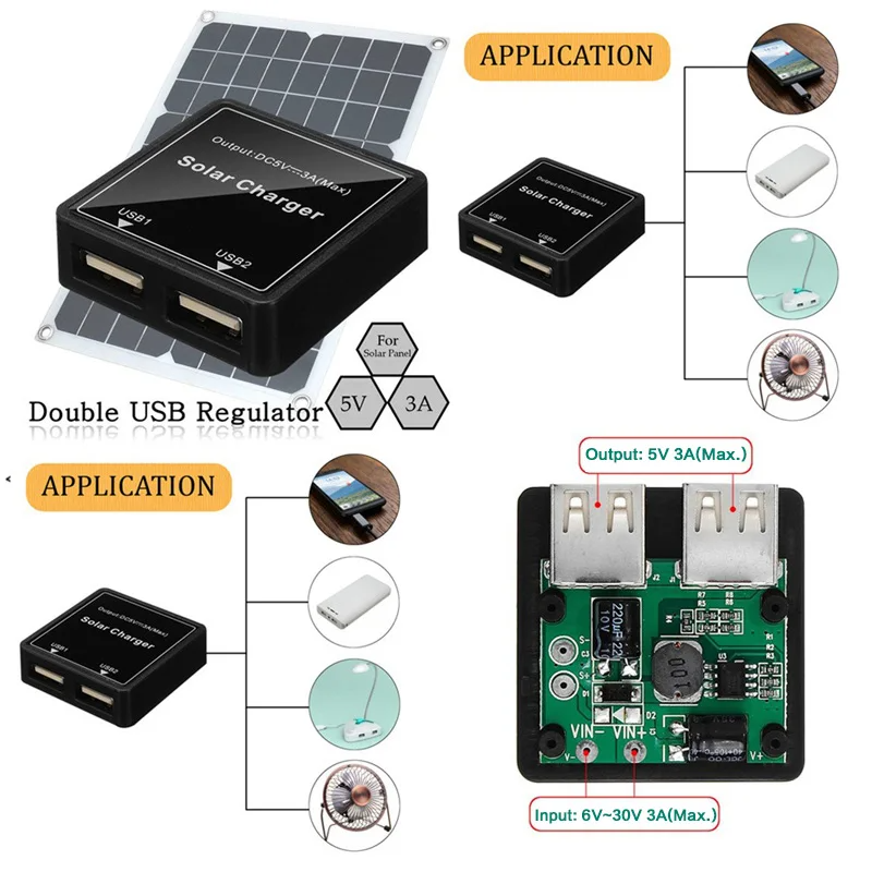 Контроллер заряда солнечной батареи 2xUSB, DC/DC, 5V 3A(Max.)