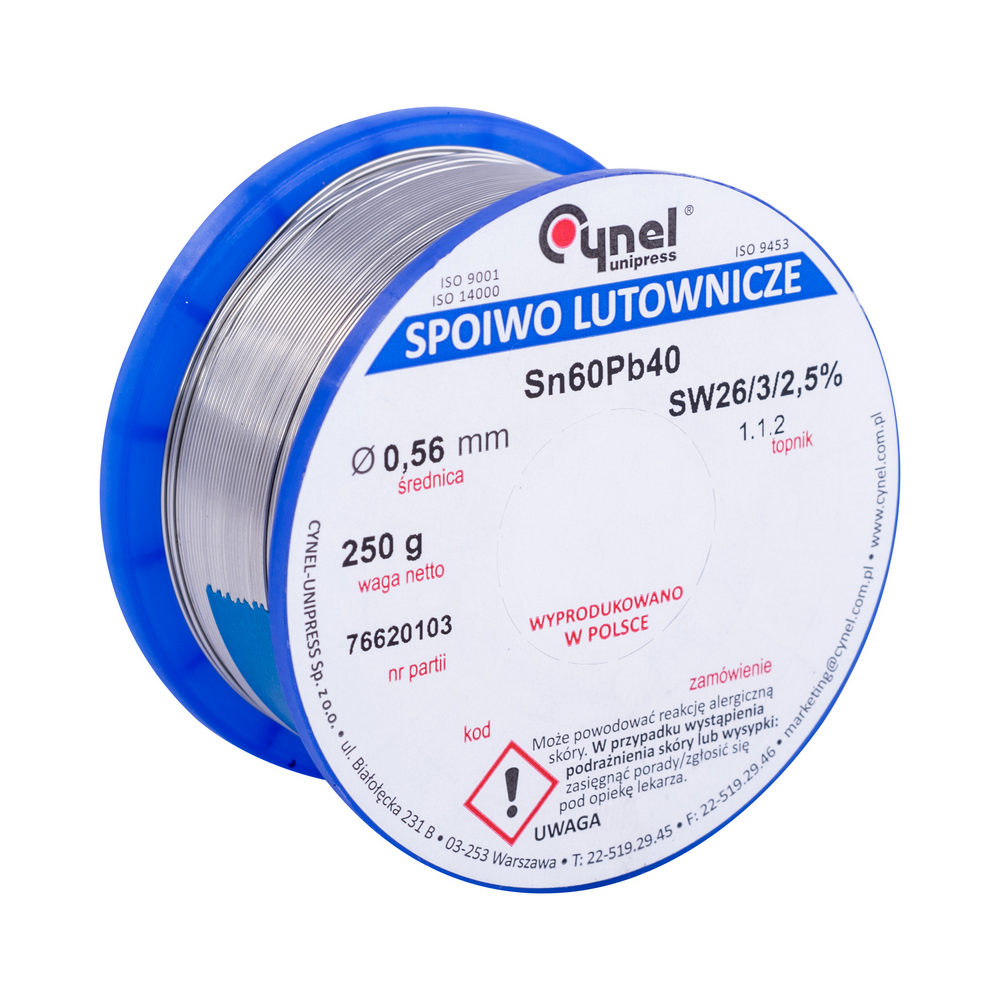 Дротяний припій, 0,56mm, 250g, з флюсом, свинцевий, CYNEL Sn60Pb40-SW26/2.5% Ø0.56 250g