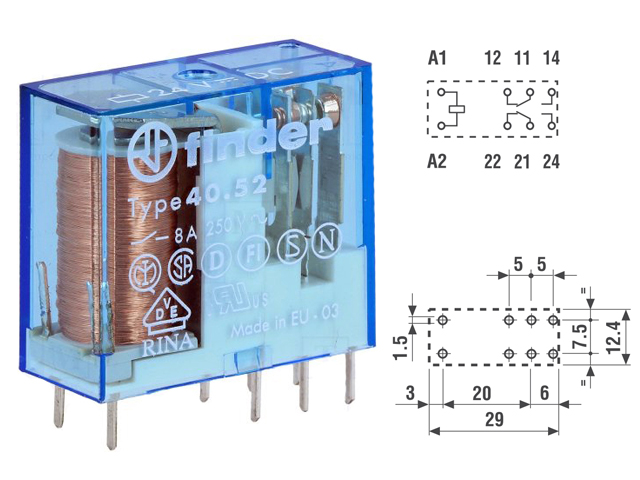 40.52.9.024.000 Relais: elektromagnetisch; DPDT; UWicklungs:24VDC; 8A/250VAC; 8A/30VDC