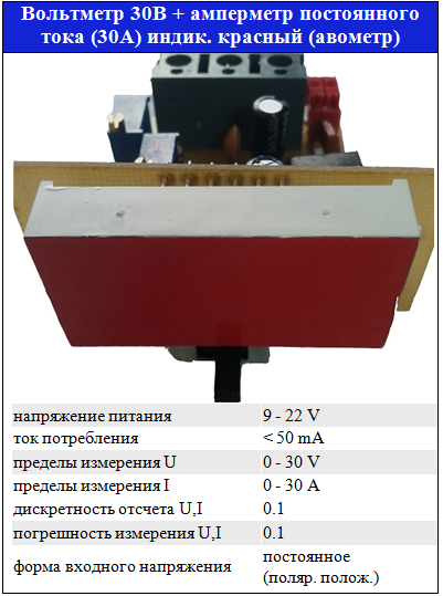 Voltmeter+Amperemeter Platte(30V;30А;Shunt, Umschalter), 1 Anzeiger 0,56 (rot) /Twisted./