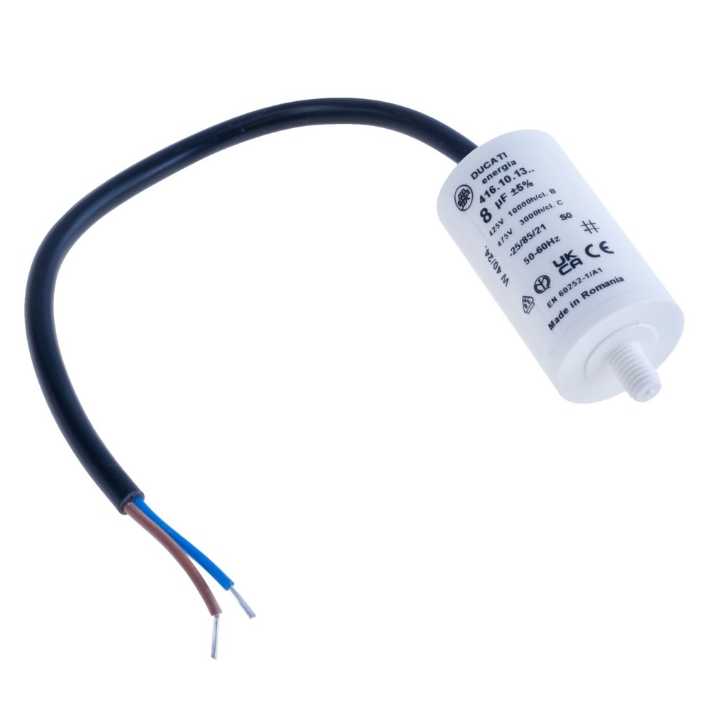 8uF 425VAC ±5% mit Draht 250mm, Befestigung Schraube M8 (4.16.10.13.14) (Motorkondensator)