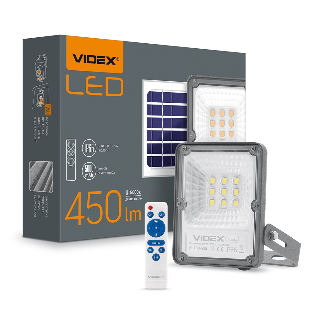 LED прожектор автономний 450 Lm, 5000K + солнечная панель 10Вт, VIDEX