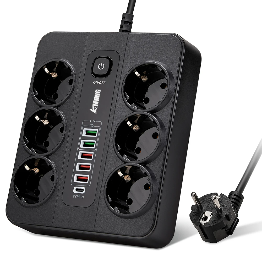 Мережевий фільтр 10A max.,подовжувач 2м на 6 розеток із USB 5V/3,4A