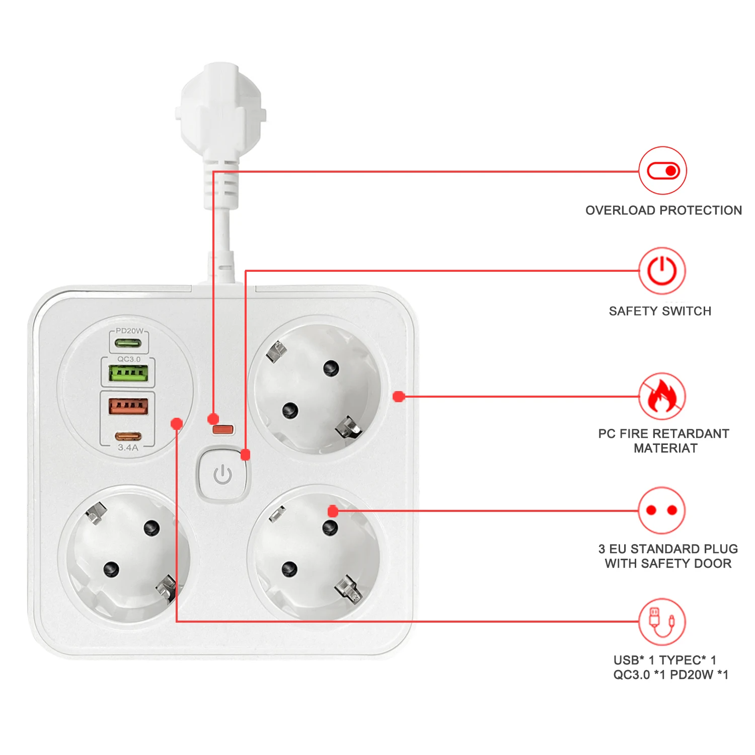 Мережевий фільтр 13A max.,подовжувач на 3 розетки із USB PD20W+QC3.0
