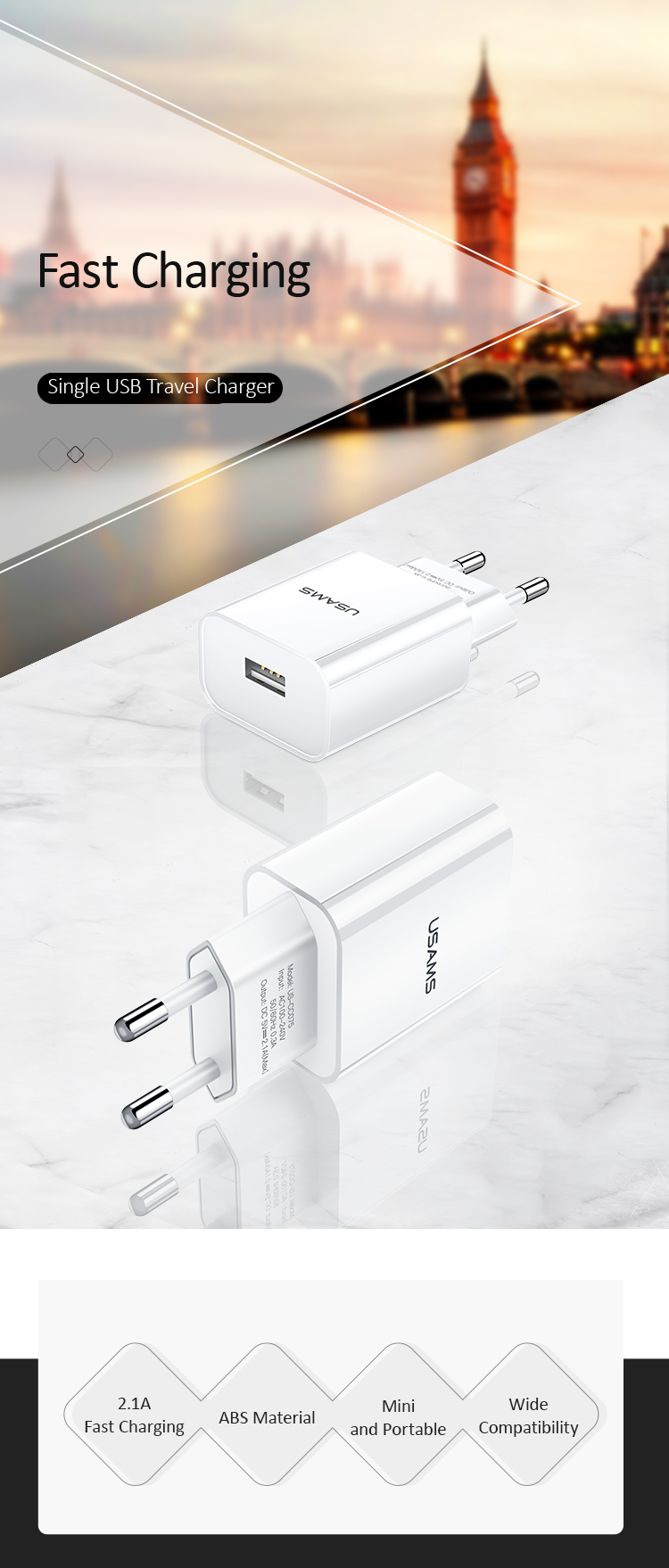 арядний пристрій US-CC075 T18 Single USB (USAMS) білий. Уцінка:выдкрита, пошкоджена упаковка.