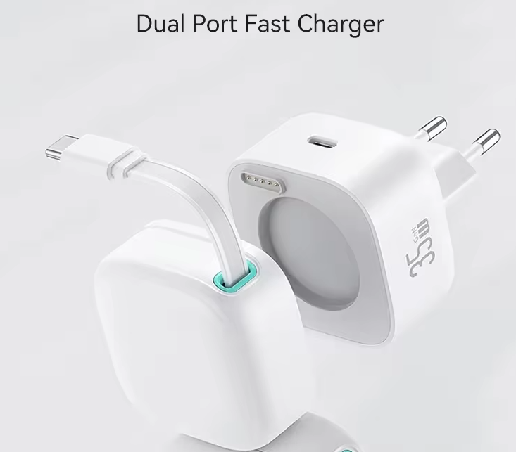 Зарядний пристрій US-CC202 PD35W Dual Port GaN Fast Charger With Type-C Magnetic Telescopic Cable (white, EU)