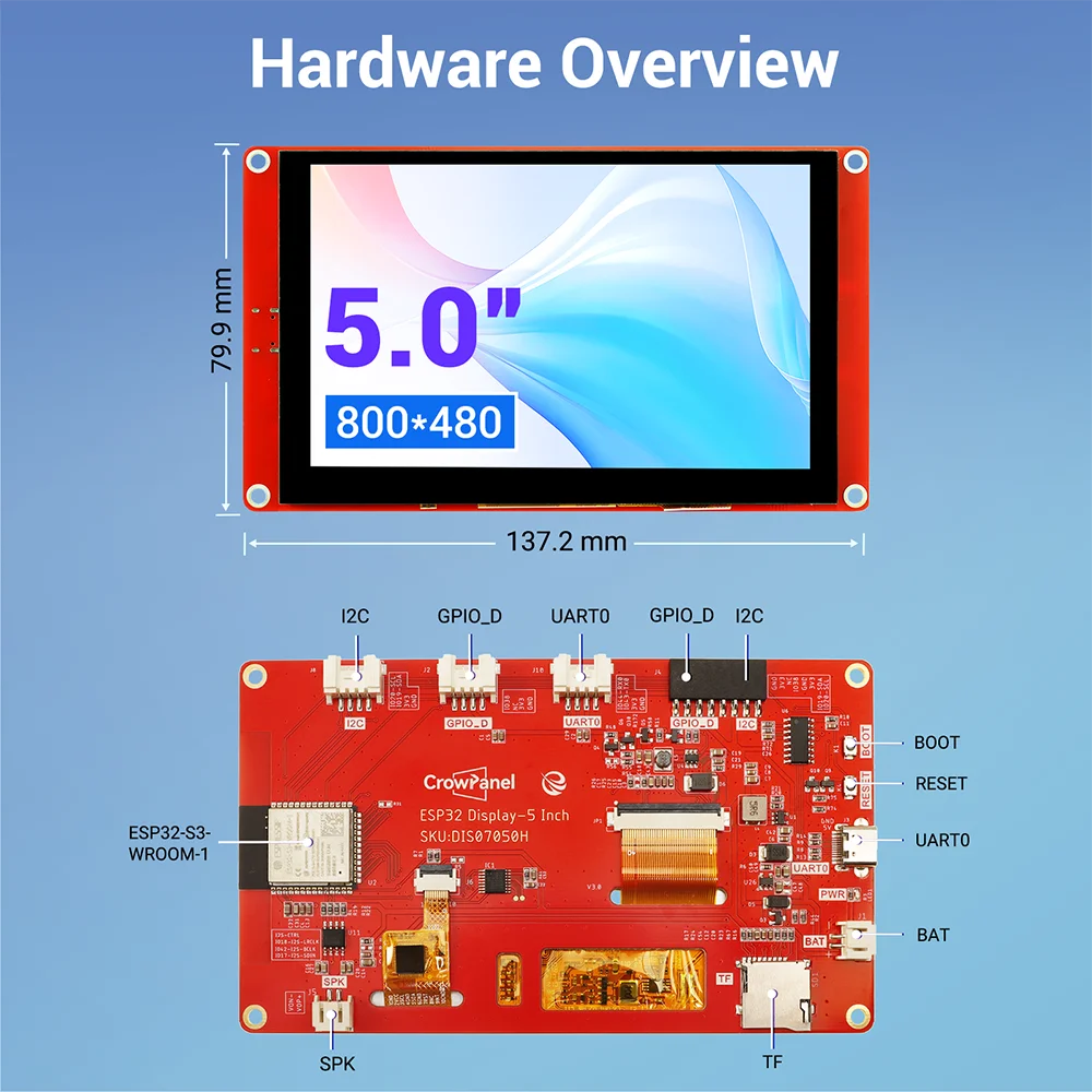 Display CrowPanel 5,0" ESP32-S3 800×480 mit Touchscreen und Acrylgehäuse Display CrowPanel 5,0" ESP32-S3 800×480 mit Touchscreen und Acrylgehäuse