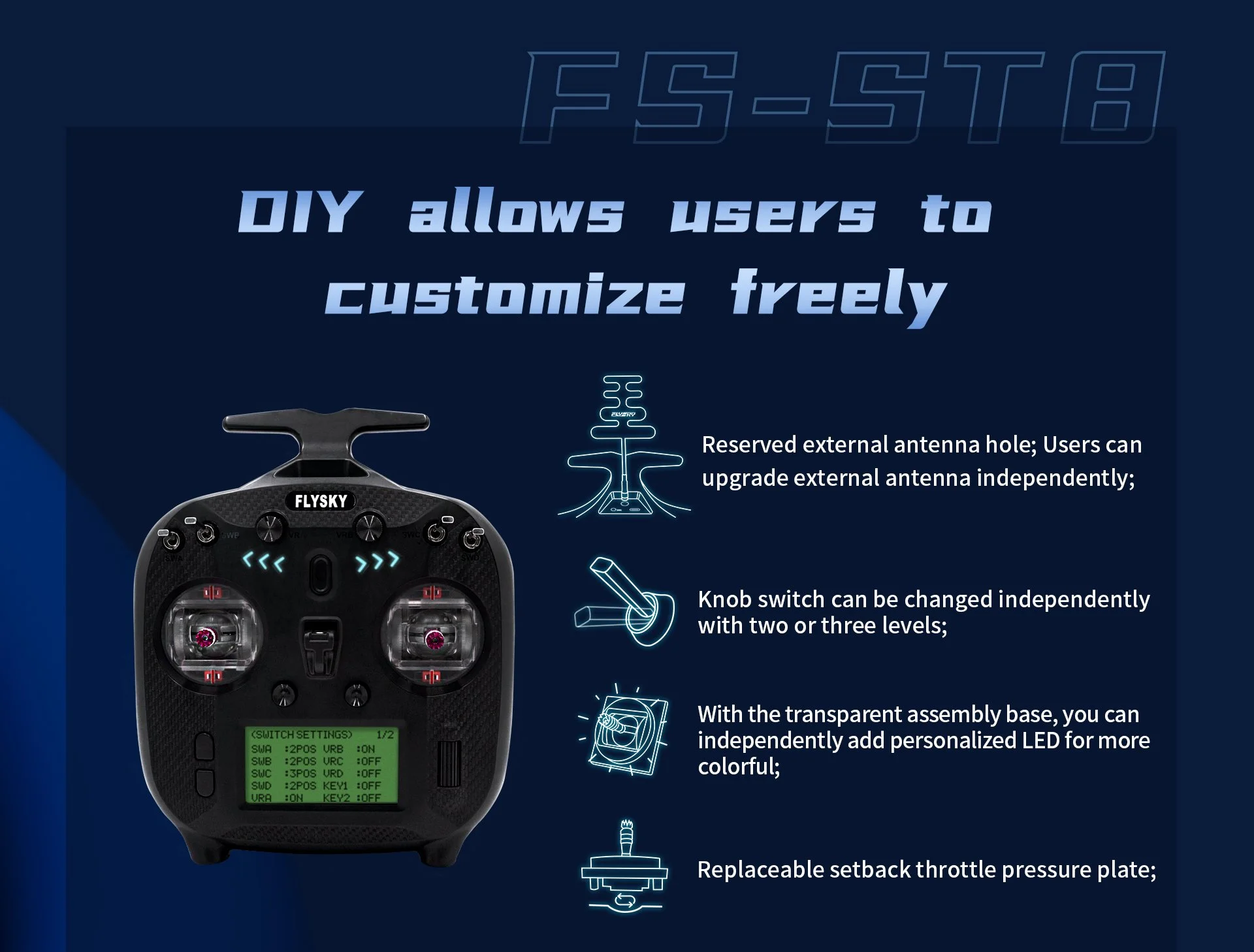 Steuersender Flysky FS-ST8, 2.4GHz, 8-10 Kanäle, Protokoll ANT Steuersender Flysky FS-ST8, 2.4GHz, 8-10 Kanäle, Protokoll ANT