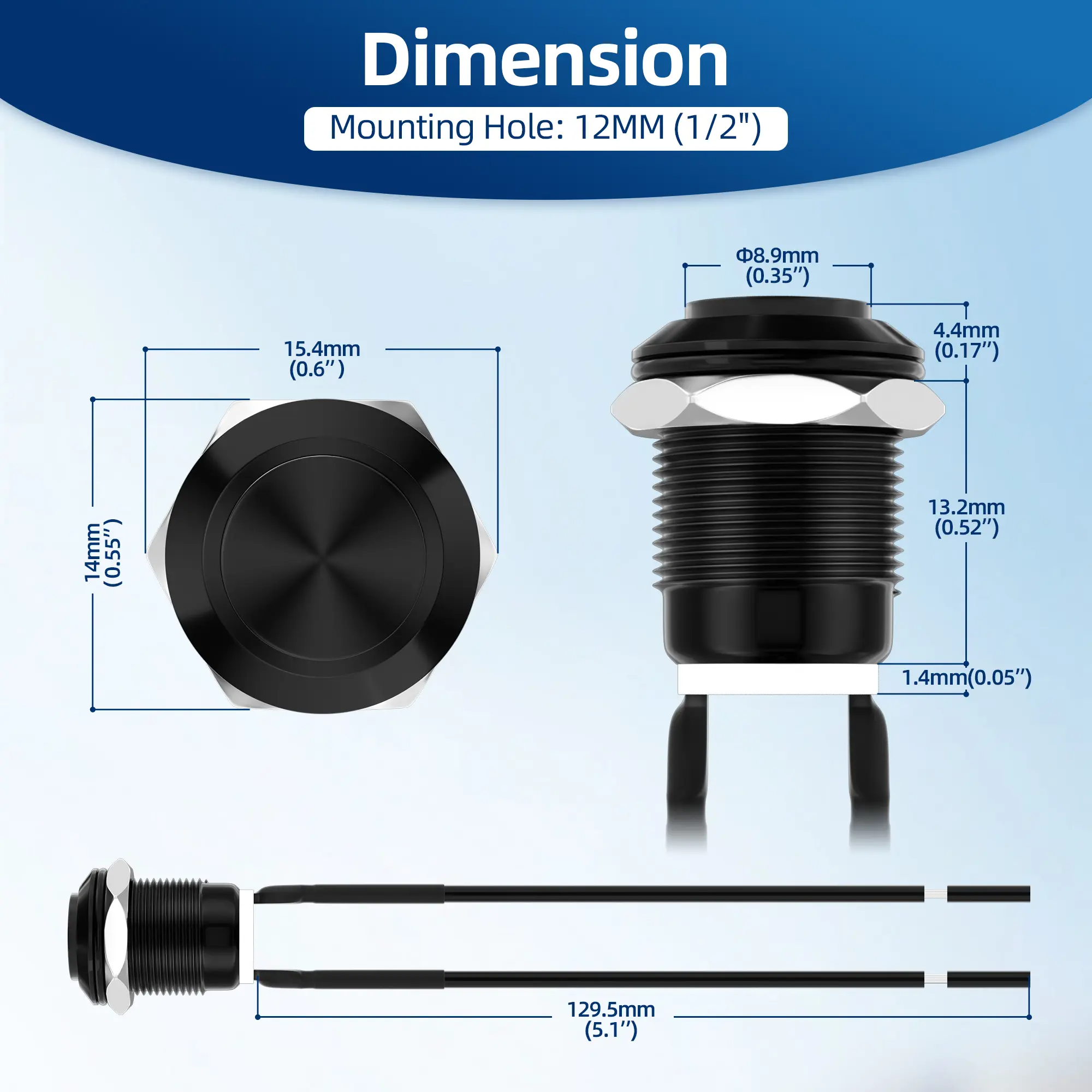 Кнопка без фіксації на проводі, IP65, GQ12H-10M-A Black
