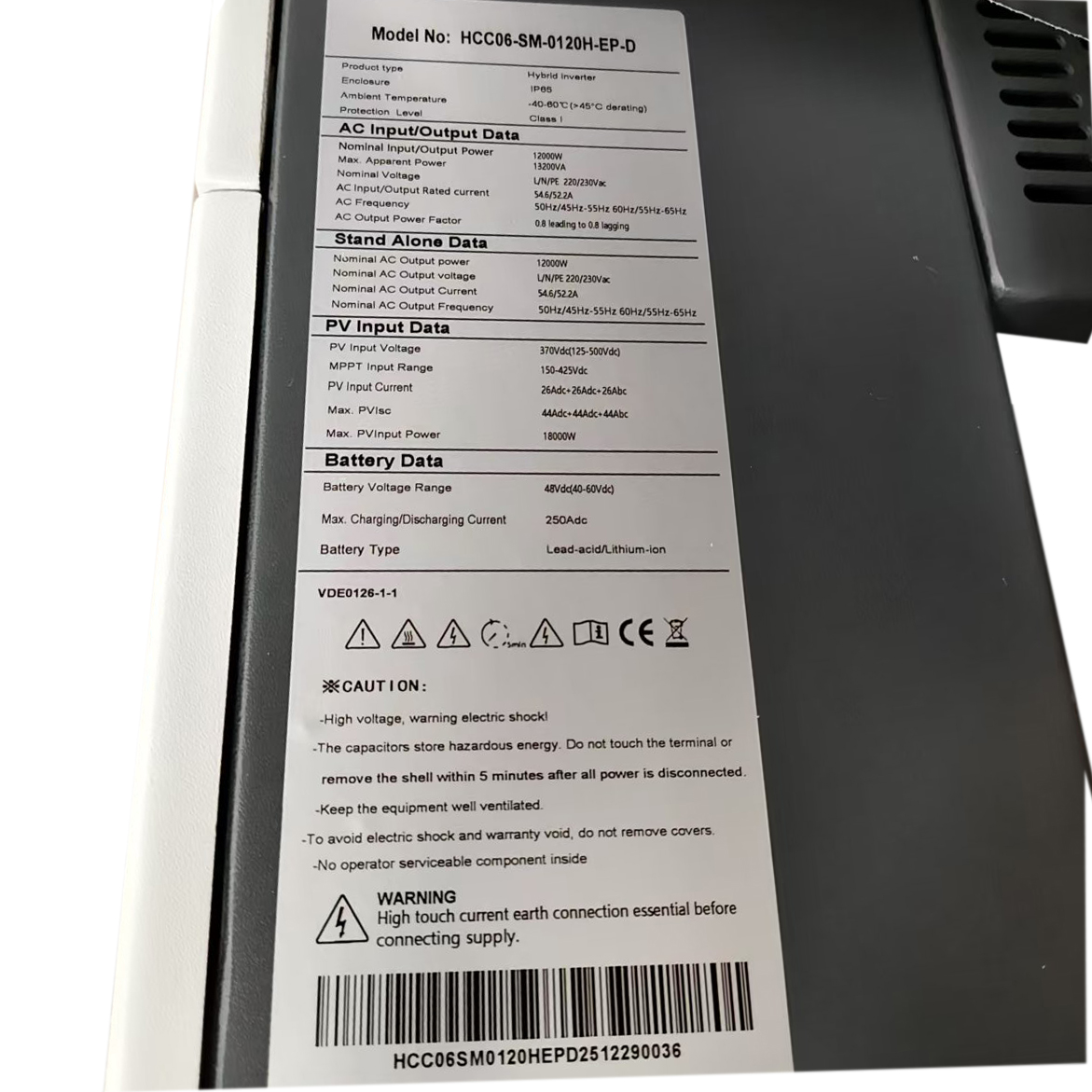 Гібридний однофазний інвертор для систем із сонячними панелями 13200W/48V, HCC06-SM-0120H-EP-D
