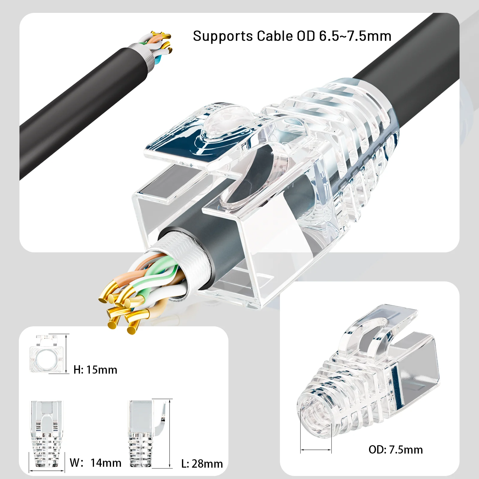Ковпачок на RJ45 Cat6A/Cat7, прозорий, для кабелю діаметром 6,5-7,5мм HT-H775TP-100