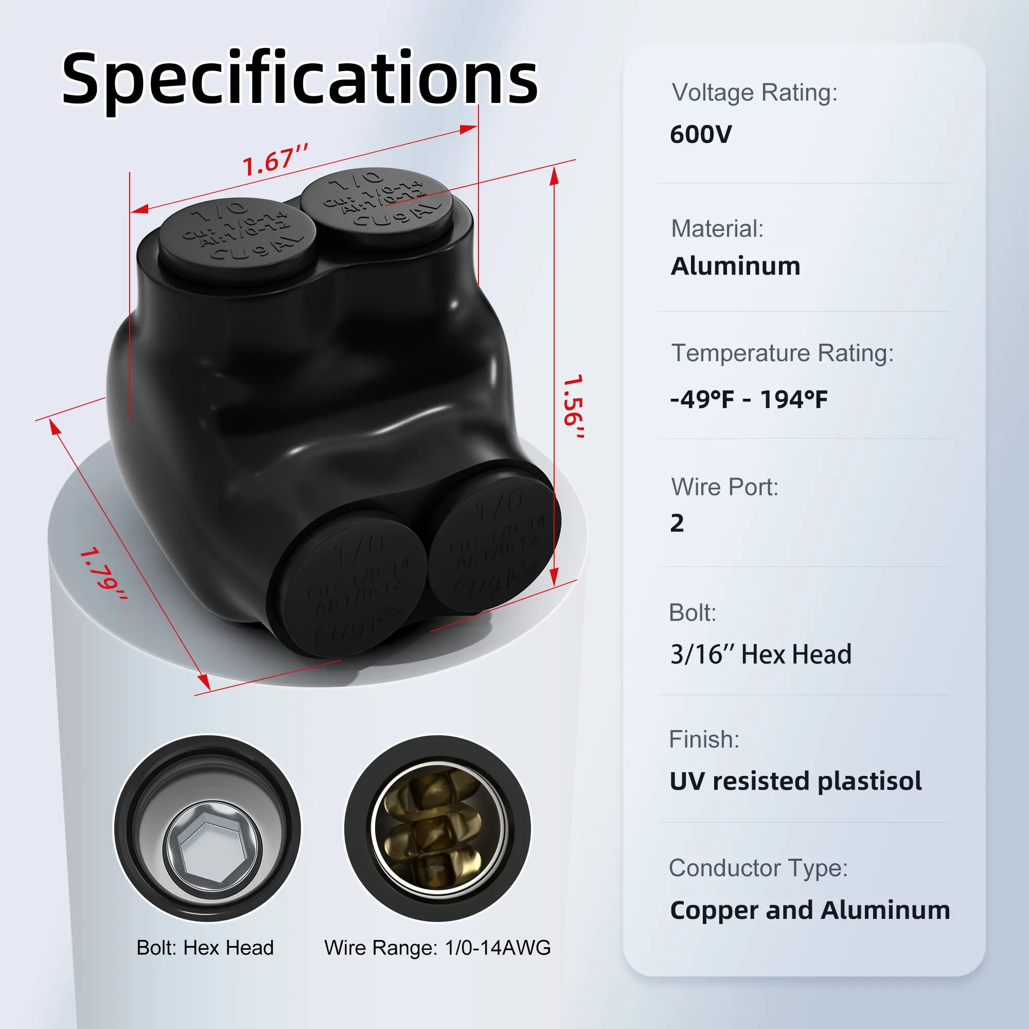 Ізольваний з'єднувач для проводів двопортовий, 1/0 AWG - 14 AWG