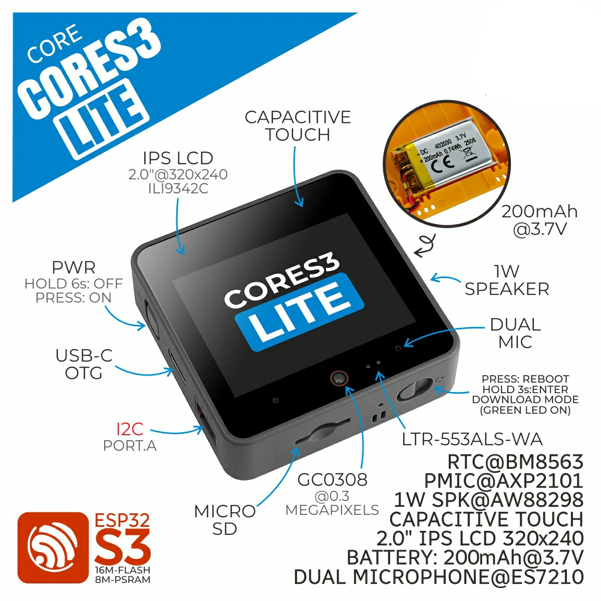 M5Stack CoreS3 Lite ESP32S3 IoT Dev Kit M5Stack CoreS3 Lite ESP32S3 IoT Dev Kit