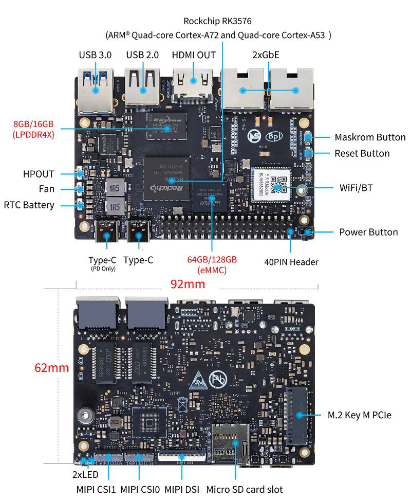 Мікрокомп'ютер Banana Pi BPI-M5 Pro, Rockchip RK3576 8GB LPDDR4+ 64GB eMMC