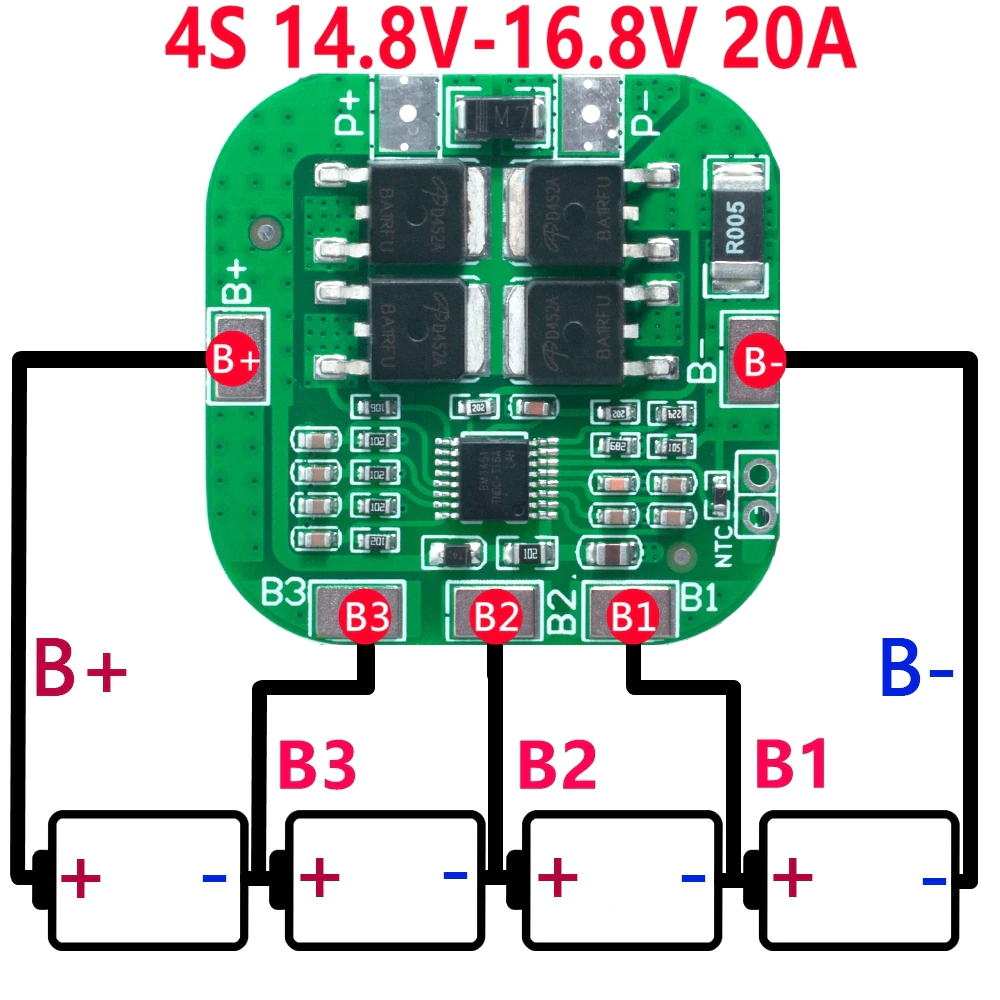 Плата защиты для 4-х аккумуляторов LI-ION, 20А/ 14.8V