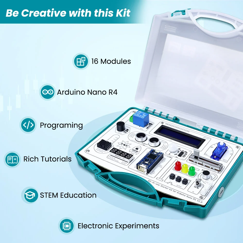 Set All-in-one Starter Kit for Arduino NANO R4 with 20 lessons and 16 modules