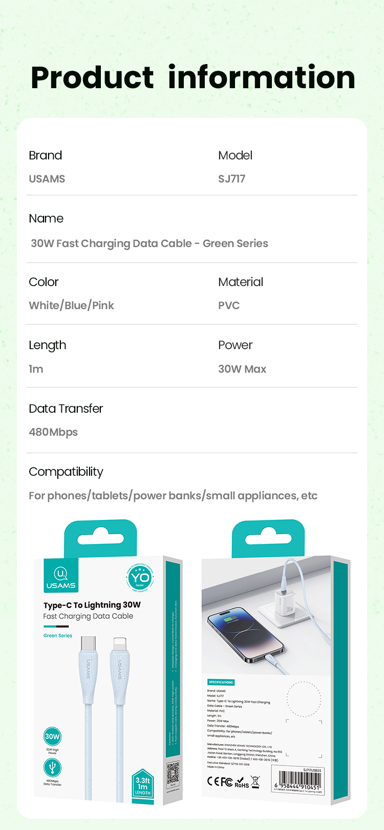SJ717 Type-C To Lightning 30W Fast Charging Data Cable - Green Series 1M (SJ717USB02 White – USAMS)