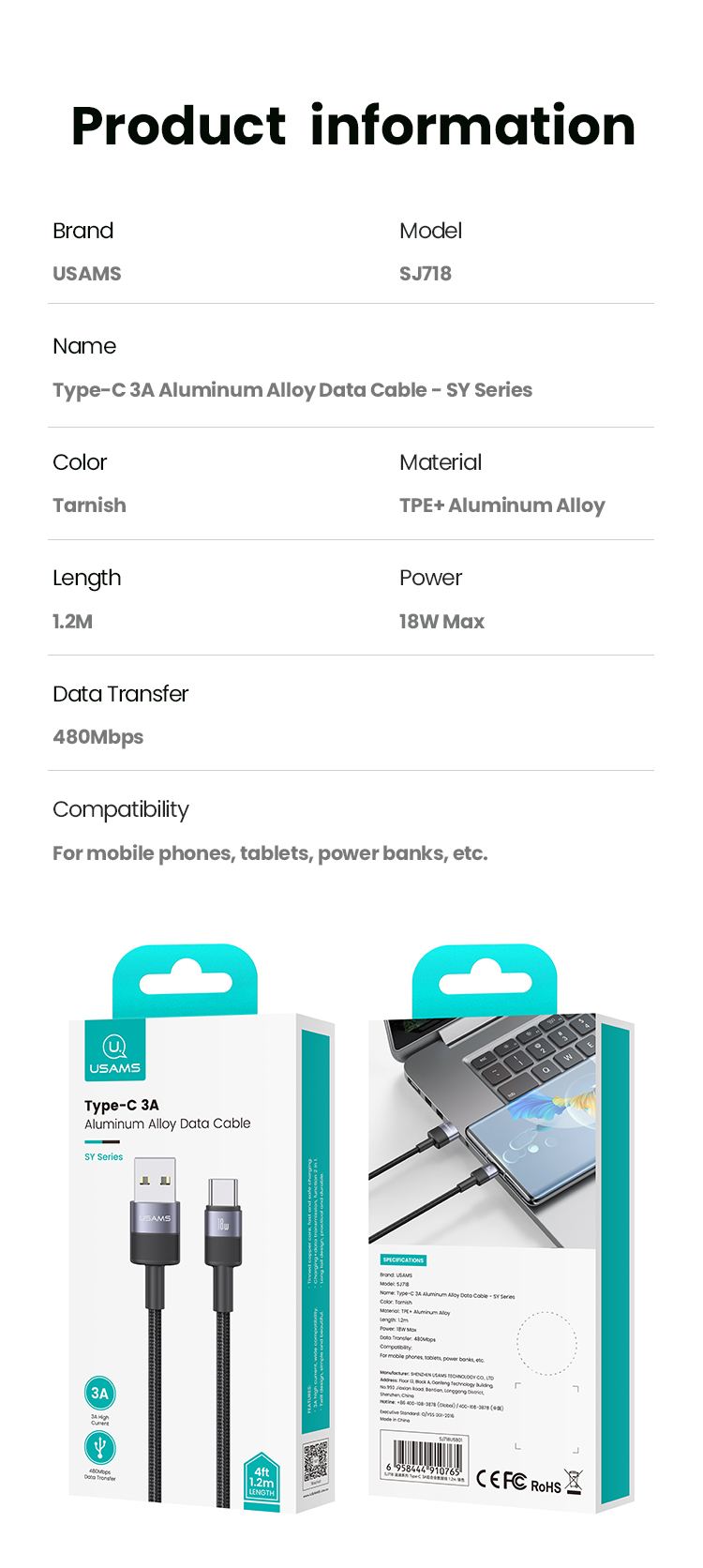 SJ718 Type-C 3A Aluminum Alloy Data Cable - SY Series 1.2m (SJ718USB01 Tarnish – USAMS) SJ718 Type-C 3A Aluminum Alloy Data Cable - SY Series 1.2m (SJ718USB01 Tarnish – USAMS)