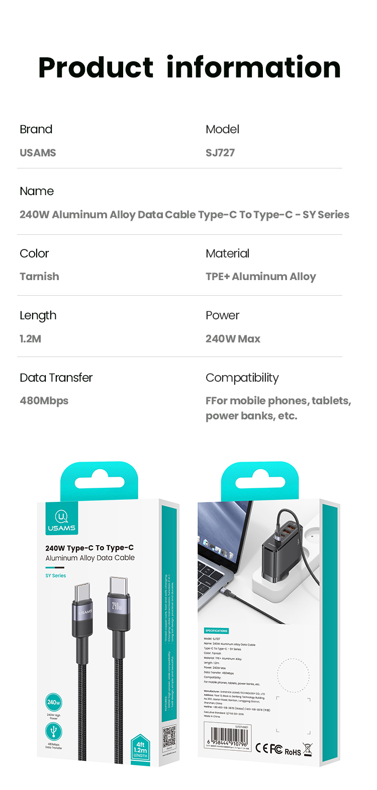 SJ727 240W Aluminum Alloy Data Cable Type-C To Type-C - SY Series 1.2M (SJ727USB01 Tarnish – USAMS)