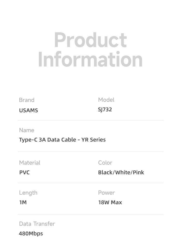 SJ732 Type-C 3A Bicolor Charging & Data Cable --YR Series 1m (SJ732USB01 Black – USAMS) SJ732 Type-C 3A Bicolor Charging & Data Cable --YR Series 1m (SJ732USB01 Black – USAMS)