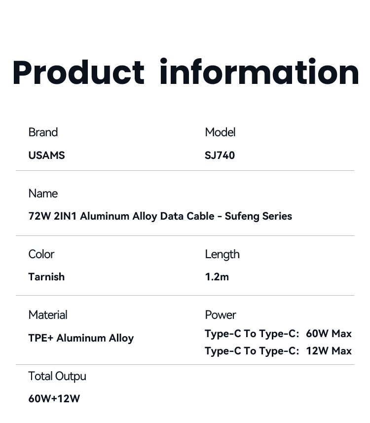 SJ740 72W 2In1 Aluminum Alloy Data Cable - Sufeng Series 1.2M Type-c To 2C (SJ740USB101 Tarnish – USAMS)