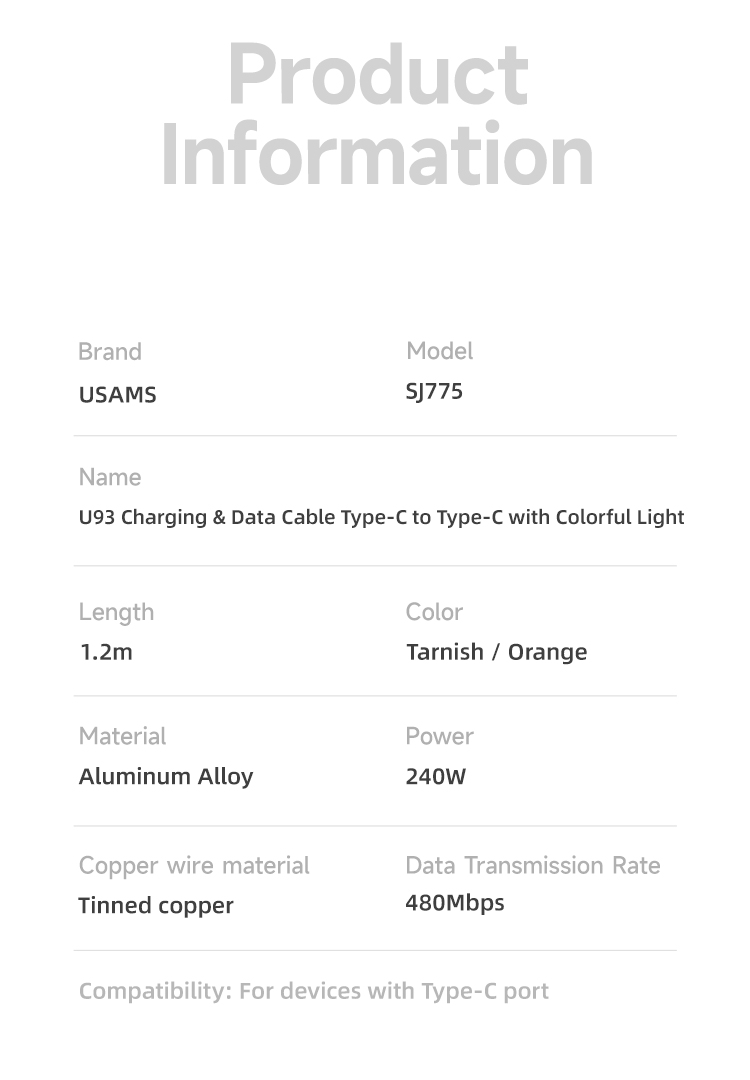 SJ775 U93 240W Charging & Data Cable C to C with Colorful Light (SJ775USB02 Orange – USAMS)