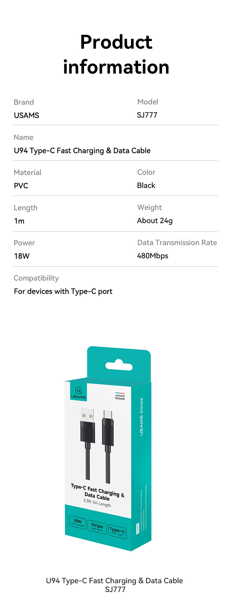 SJ777 U94 Type-C 3A Fast Charging & Data Cable (SJ777USB01 Black – USAMS) SJ777 U94 Type-C 3A Fast Charging & Data Cable (SJ777USB01 Black – USAMS)
