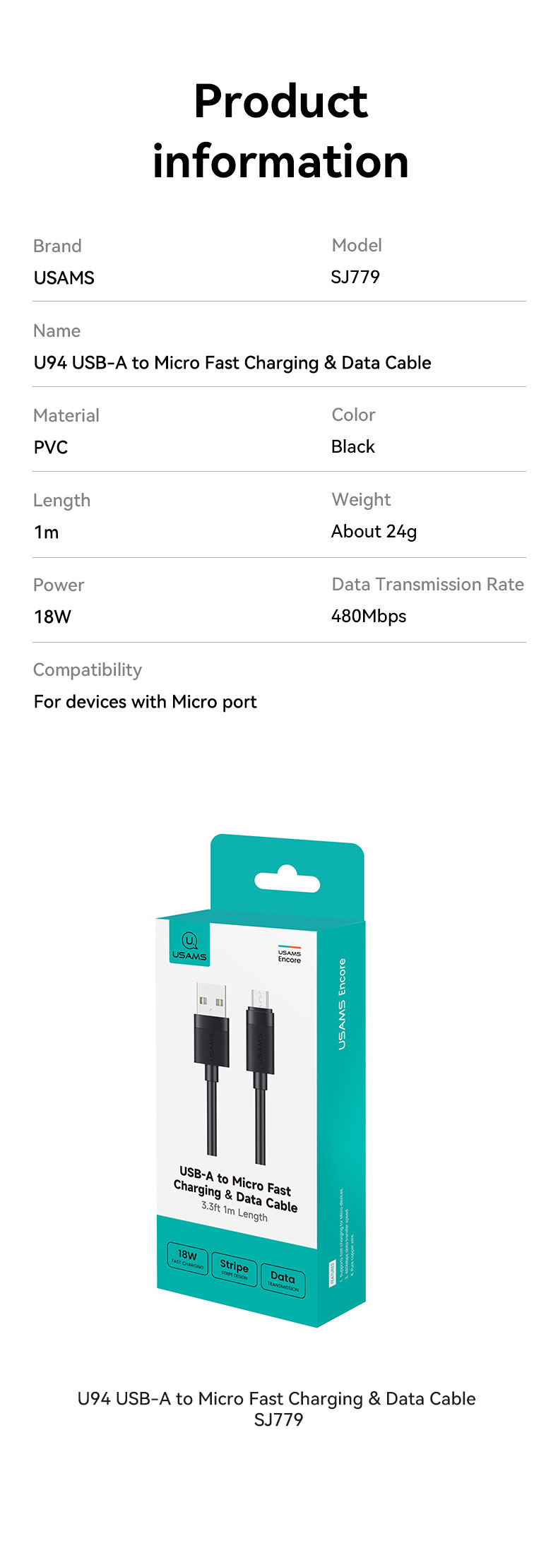 SJ779 U94 USB-A to Micro 2A Fast Charging & Data Cable (SJ779USB01 Black – USAMS) SJ779 U94 USB-A to Micro 2A Fast Charging & Data Cable (SJ779USB01 Black – USAMS)