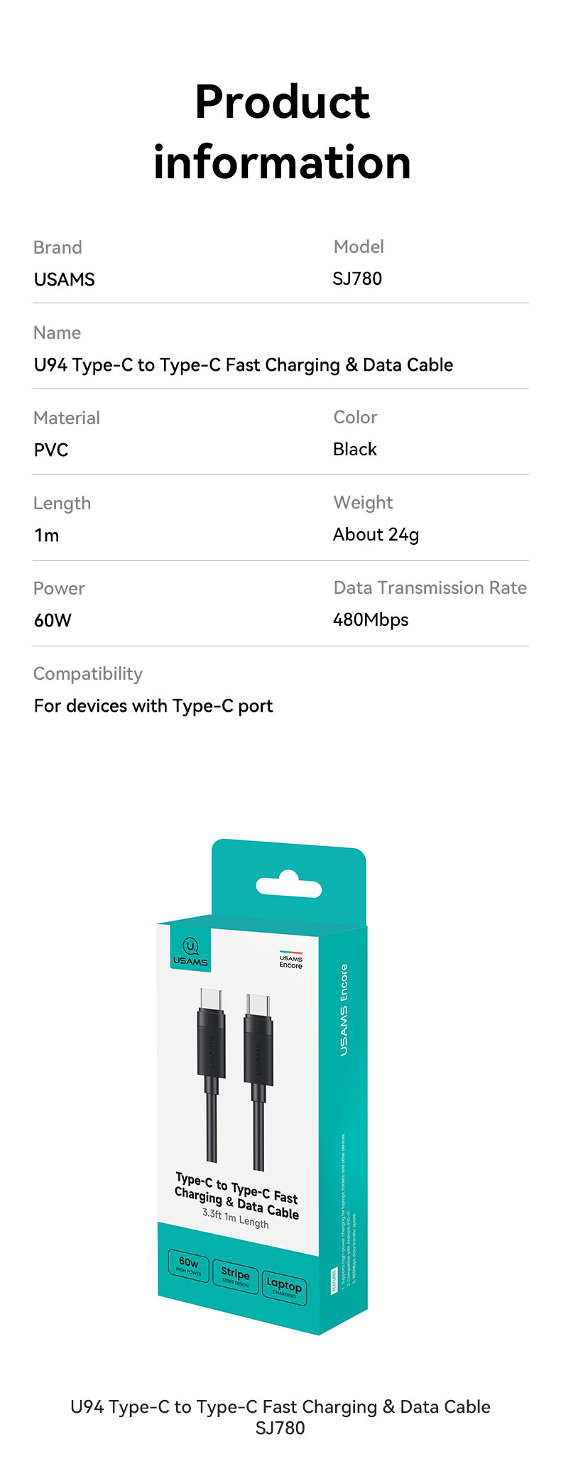SJ780 U94 60W Type-C to Type-C Fast Charging & Data Cab (SJ780USB01 Black – USAMS) SJ780 U94 60W Type-C to Type-C Fast Charging & Data Cab (SJ780USB01 Black – USAMS)