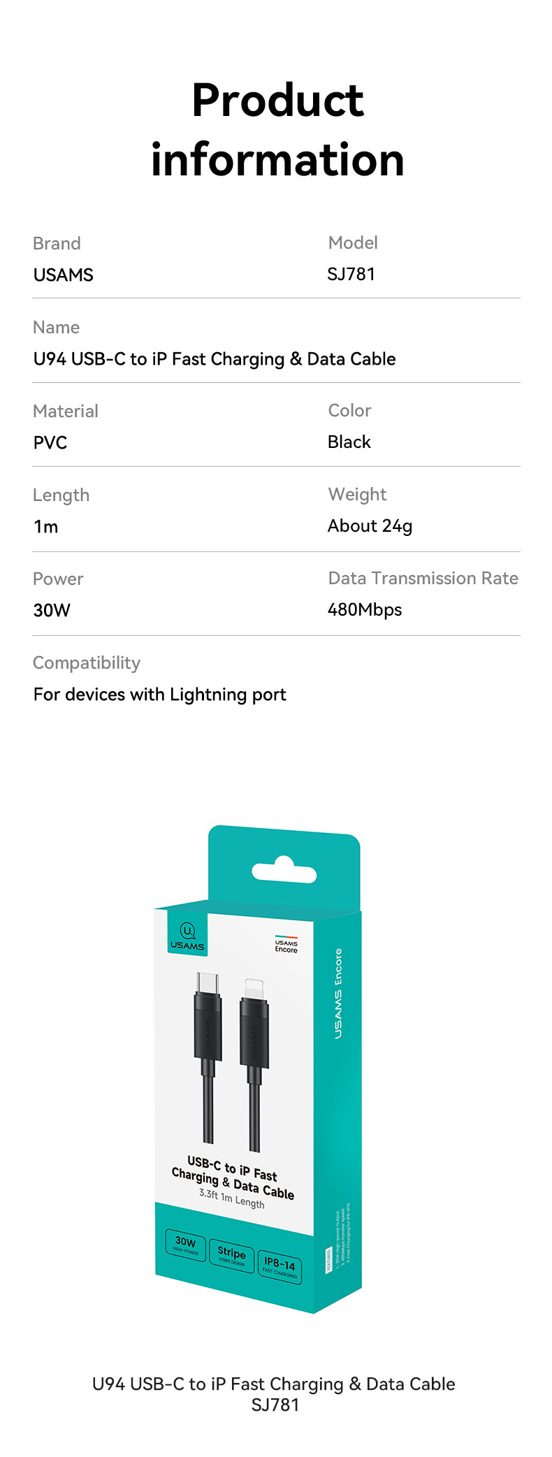SJ781 U94 30W USB-C to iP Fast Charging & Data Cable (SJ781USB01 Black – USAMS)