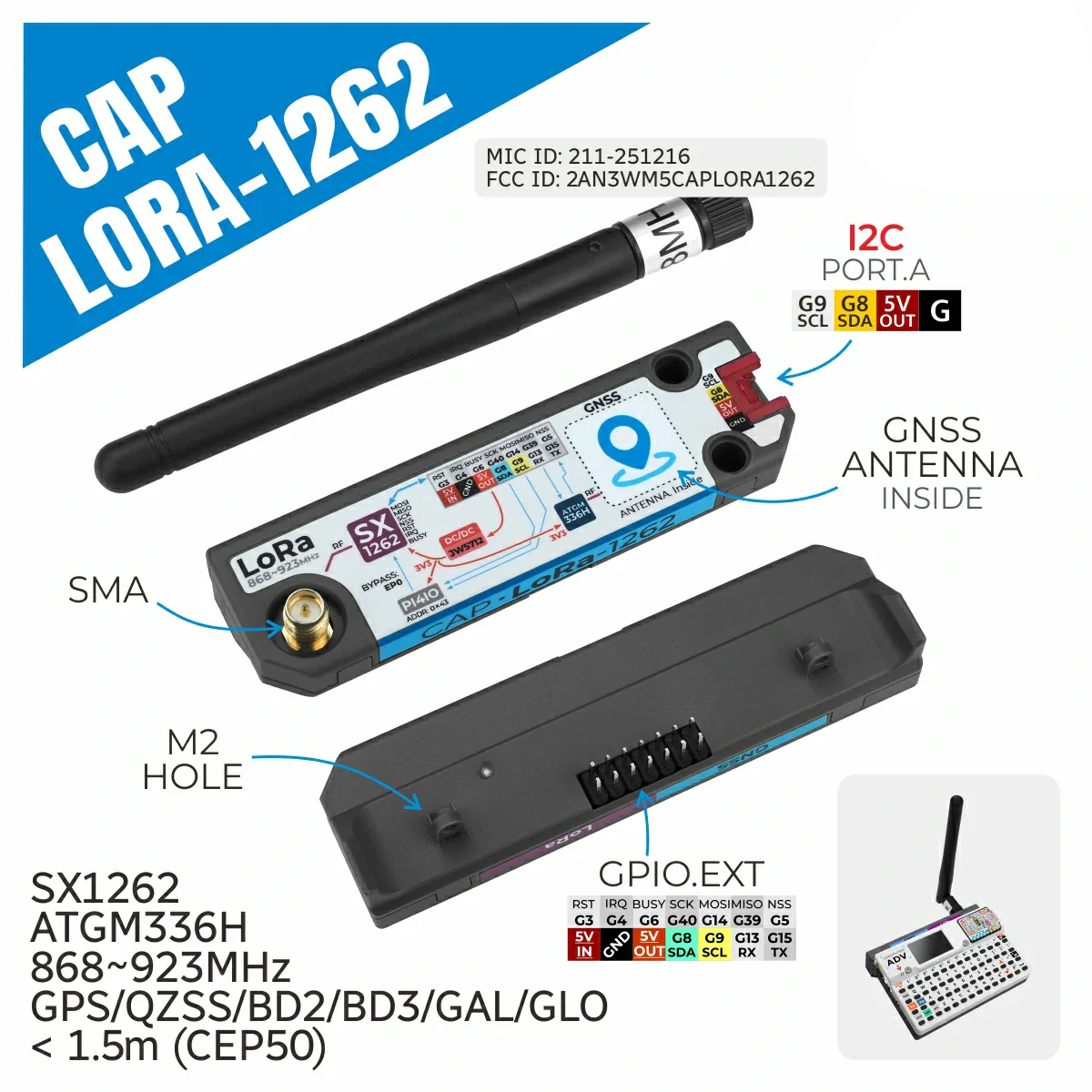 Cap LoRa 1262 for Cardputer Adv (SX1262, ATGM336H) Cap LoRa 1262 for Cardputer Adv (SX1262, ATGM336H)