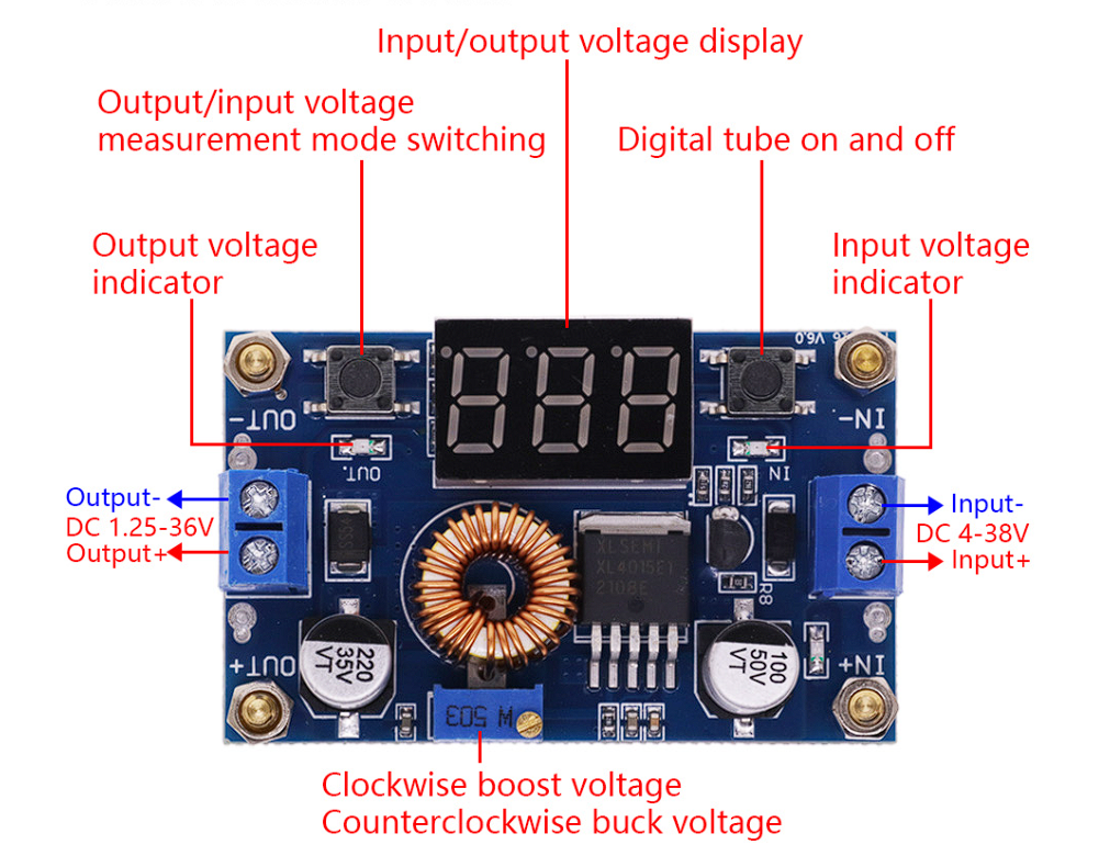 Понижающий преобразователь с вольтметром, XL4015 5A (две кнопки)