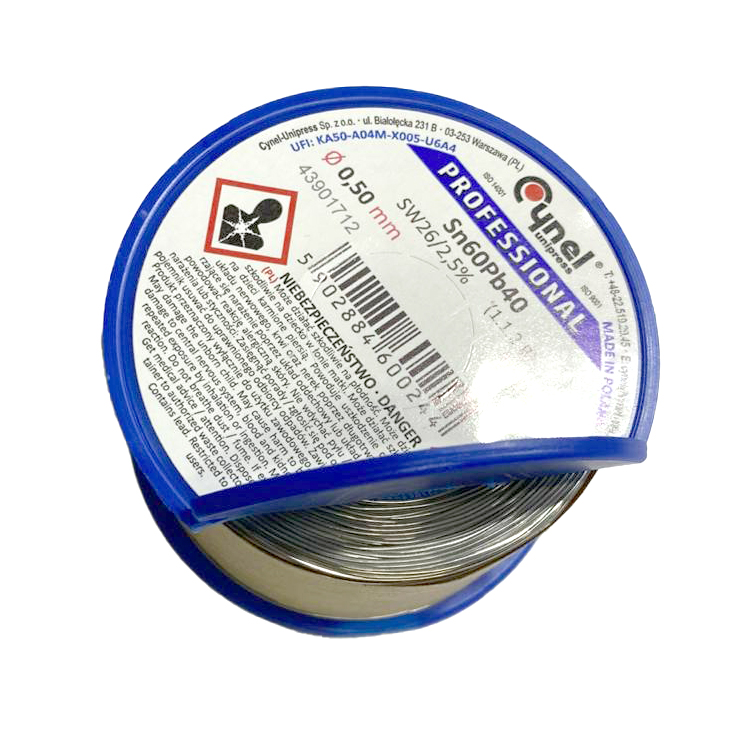 Дротяний припій, 0,5mm, 250g, з флюсом, свинцевий, CYNEL Sn60Pb40-SW26/2.5% Ø0.5, 250g. Уцінка: пошкоджена бобіна