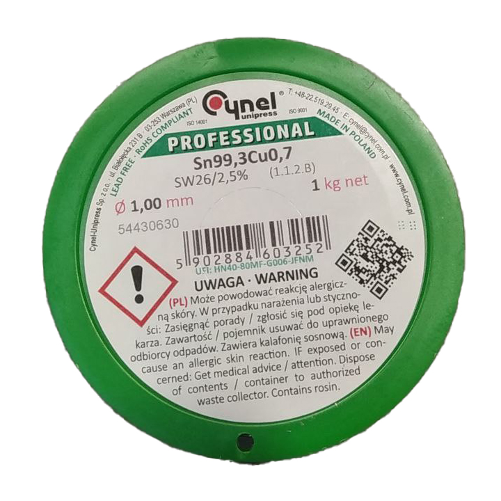 Дротяний припій, 1mm, 1000g, з флюсом, безсвинцевий, CYNEL Sn99,3Cu0,7 SW26/2,5% Ø1.0, 1kg