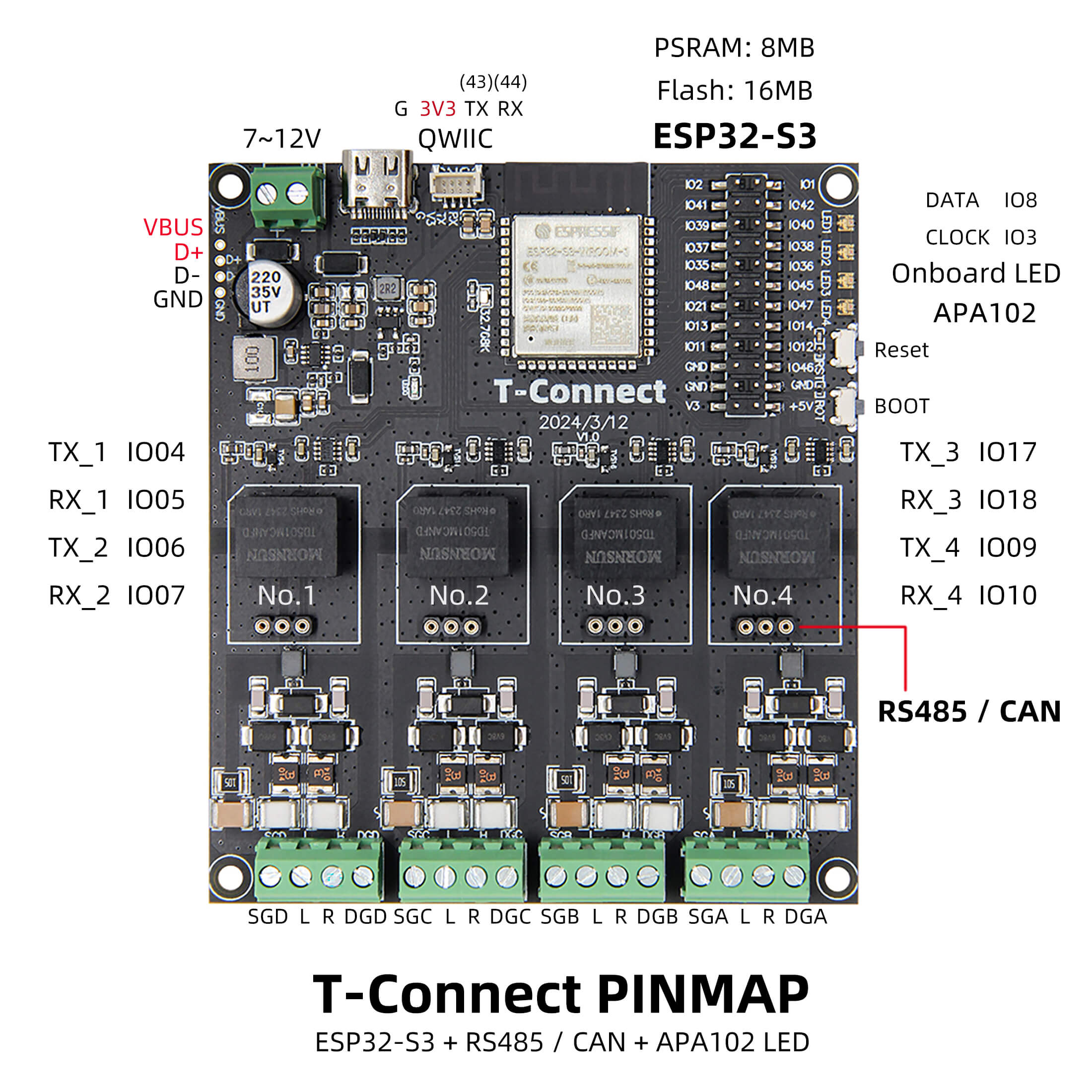 Модуль LILYGO® T-Connect ESP32-S3 3 RS485 and 1 CAN Модуль LILYGO® T-Connect ESP32-S3 3 RS485 and 1 CAN