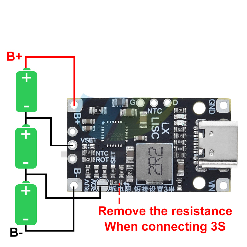 Зарядниий модуль літієвої батареї 2S/3S 18650 з USB type-C, TN13-10