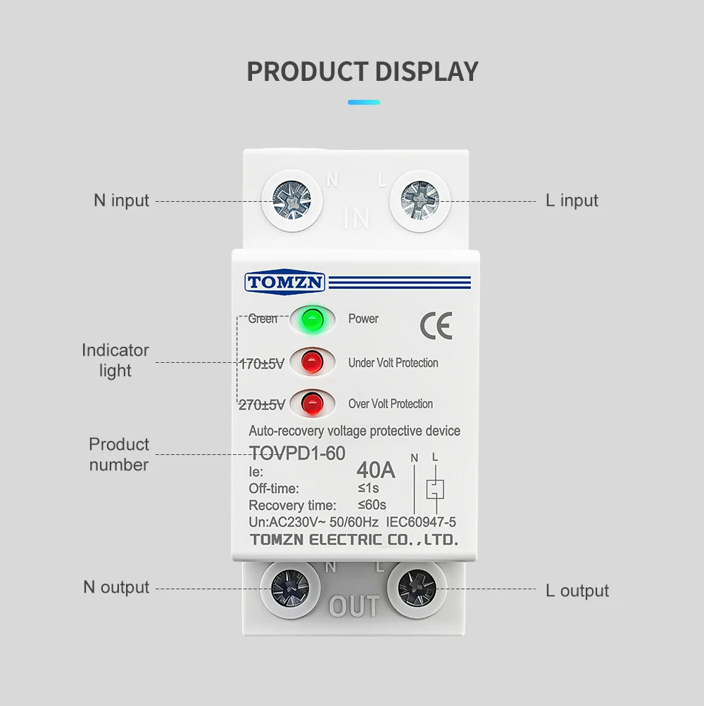 Реле напруги 40А (TOVPD1-60 3LED – TOMZN)